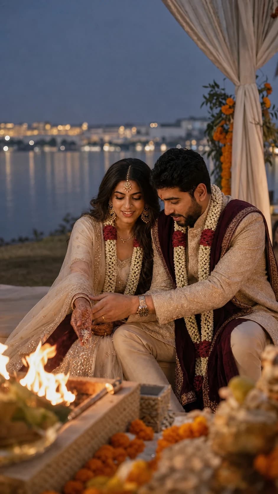 The couple sharing a glance during their lakeside ceremony