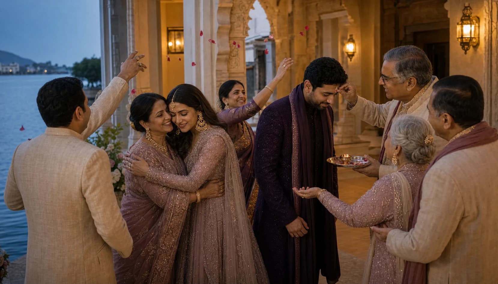 Ananya and Nikhil surrounded by their family after the ceremony