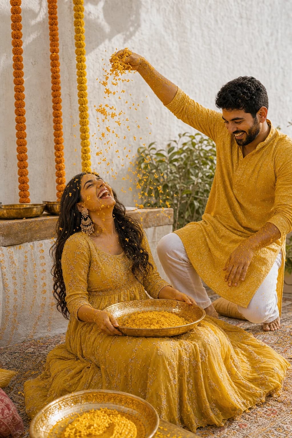 The couple laughing during their Haldi