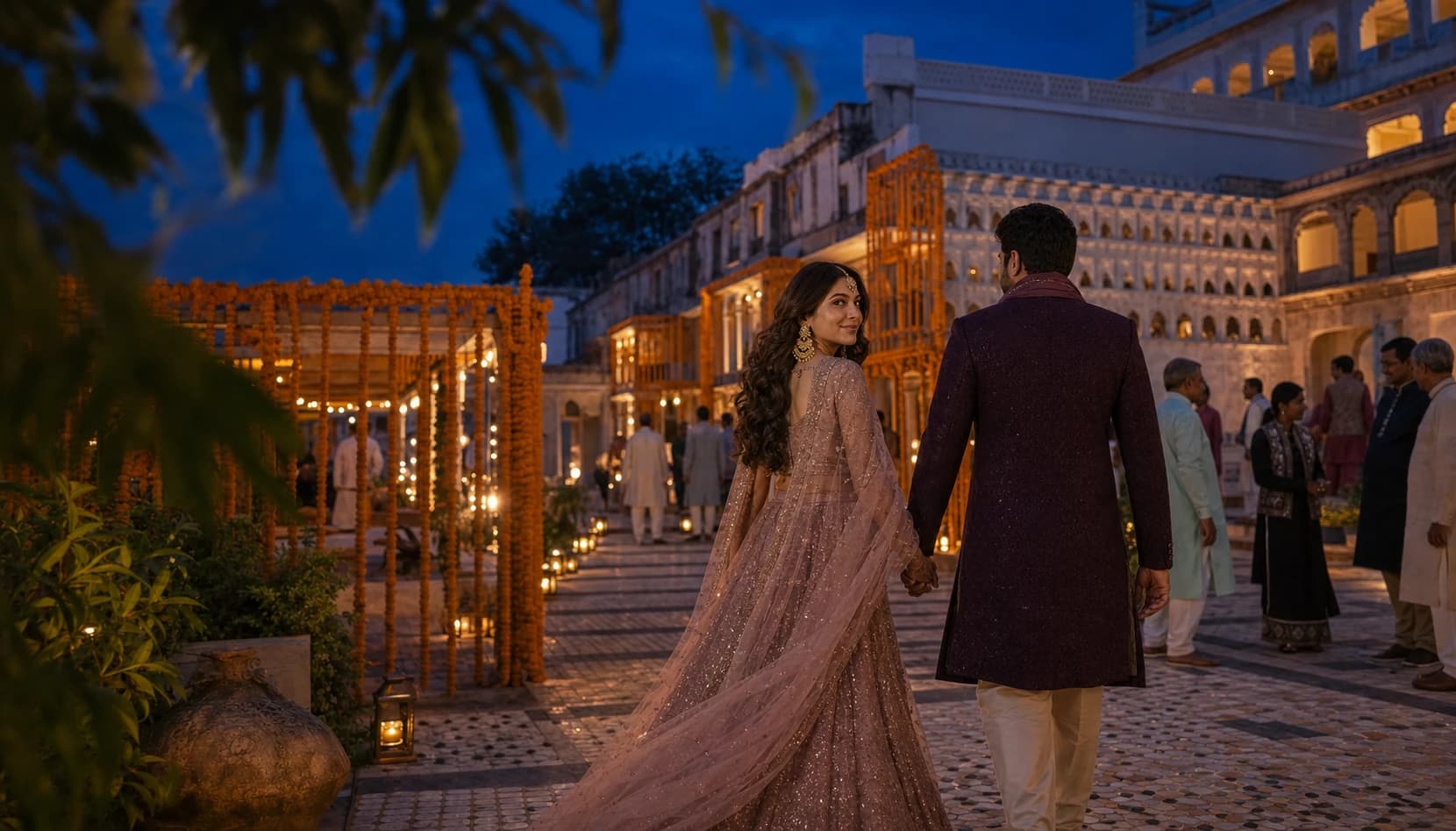 A couple laughing together at their sangeet