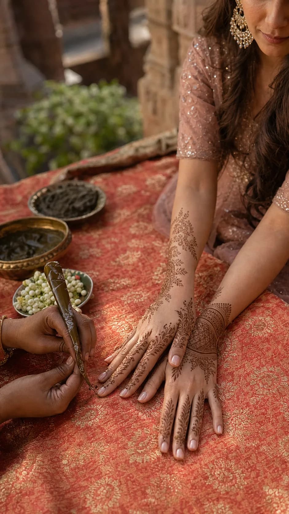 Detailed Mehndi being applied to Ananya's hands