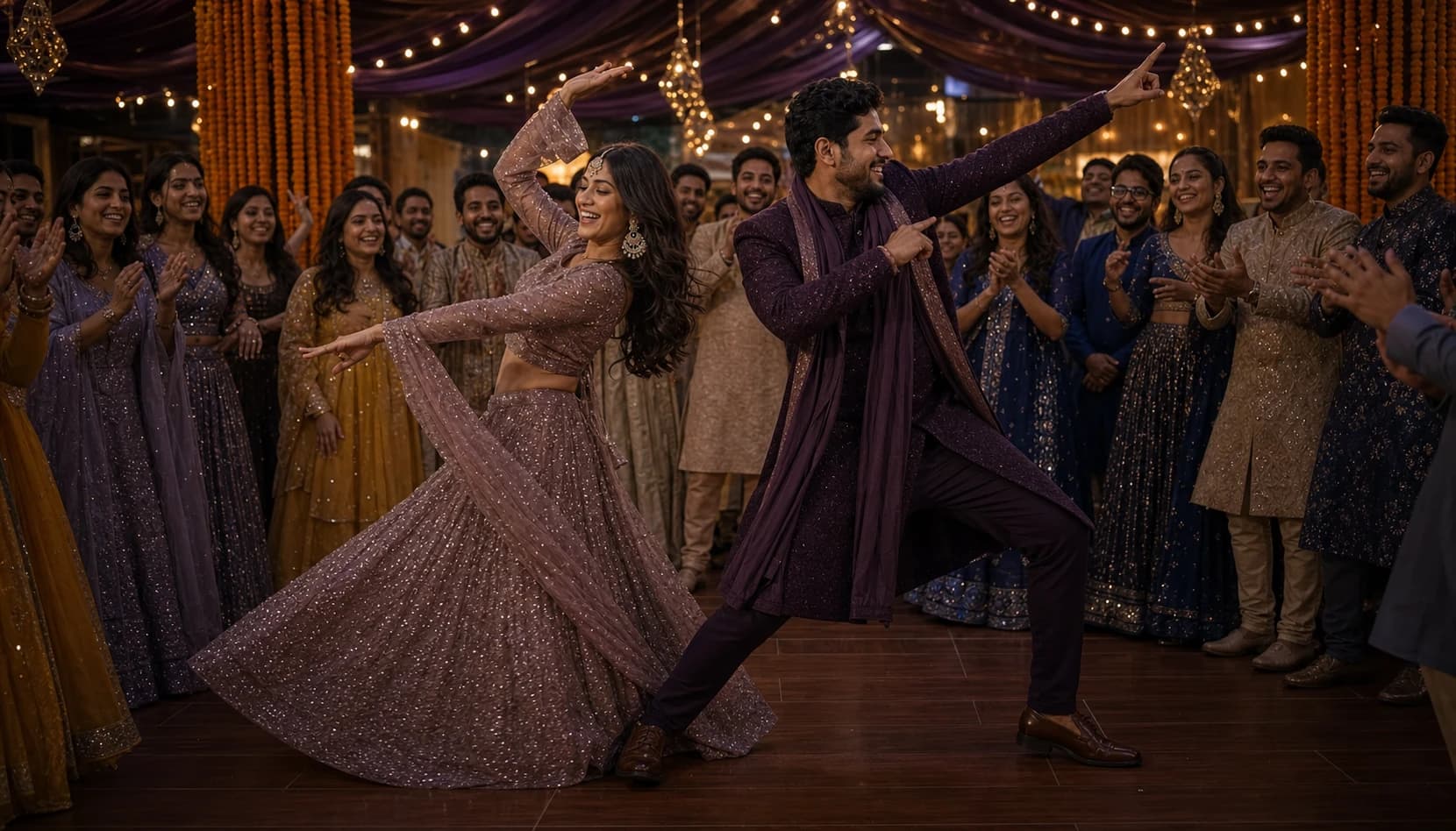 The couple dancing with friends at their Sangeet